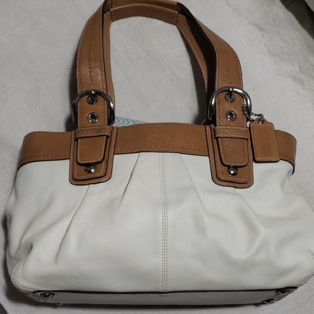 Coach White and Tan Shoulder Bag with Leather Accents